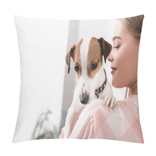 Personality  Blurred Cheerful Woman Holding In Arms Jack Russell Terrier Pillow Covers