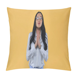 Personality  Positive Businesswoman With Praying Hands Looking Away Isolated On Yellow Pillow Covers