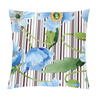 Personality  Blue Poppies With Leaves And Stripes Isolated On White. Watercolor Illustration Set.  Pillow Covers