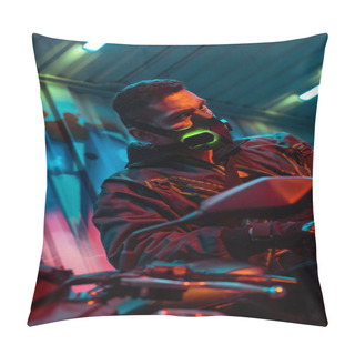 Personality  Selective Focus Of Mixed Race Cyberpunk Player In Protective Mask Near Motorcycle  Pillow Covers