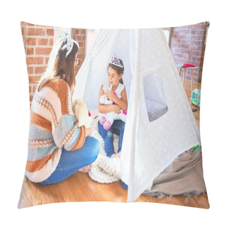 Personality Beautiful Teacher And Toddler Wearing Princess Crown Playing With Unicorn Doll Inside Tipi Around Lots Of Toys At Kindergarten Pillow Covers