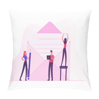 Personality  People Writing Letter And E-mail Concept. Tiny Male And Female Characters With Pencil And Laptop Stand At Huge Envelope, Woman Put Paper With Handwritten Text Inside. Cartoon Flat Vector Illustration Pillow Covers