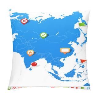 Personality  Asia Map And Navigation Icons - Illustration. Pillow Covers