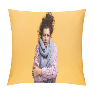 Personality  Dissatisfied Woman Freezing In Knitted Sweater And Scarf Isolated On Orange Pillow Covers