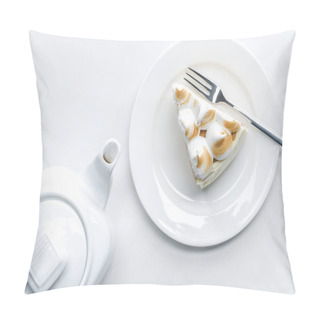 Personality  Top View Of Teapot And Delicious Piece Of Cake With Meringue On White Table Pillow Covers
