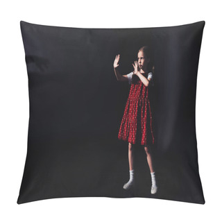 Personality  Scared Child Standing In Darkness With Outstretched Hands On Black Background Pillow Covers