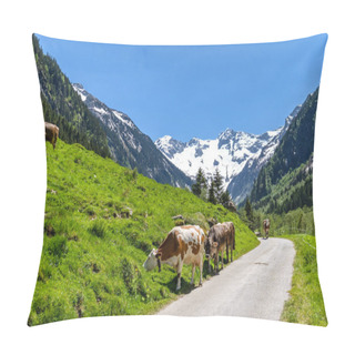Personality  Cows Grazing - Alpine Mountain Landscape Pillow Covers