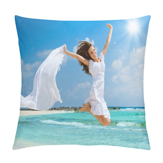 Personality  Beautiful Girl With White Scarf Jumping On The Beach Pillow Covers