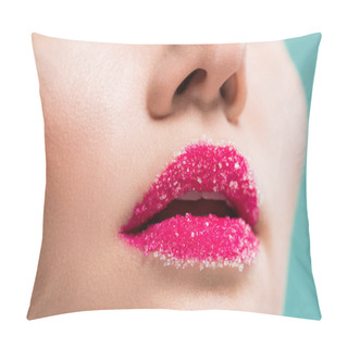 Personality  Cropped View Of Woman With Sugar On Lips Isolated On Blue  Pillow Covers