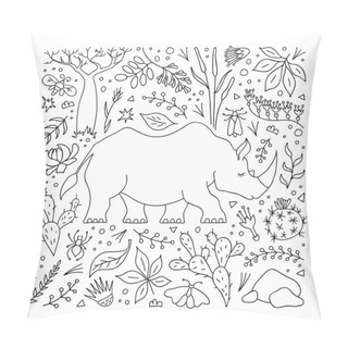 Personality  Outline Rhinoceros On The Background Of Plant Elements. Hand-drawn Pattern For Coloring Book. Vector. Pillow Covers