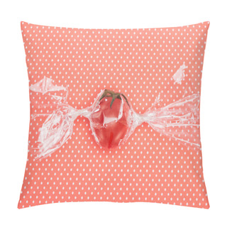 Personality  Top View Of Red Fresh Tomato In Transparent Candy Shaped Wrapping On Red Dotted Background Pillow Covers