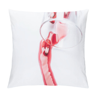 Personality  Overturned Glass And Wet Pills In Red Spills Of Water On White Background, Suicide Prevention Concept Pillow Covers