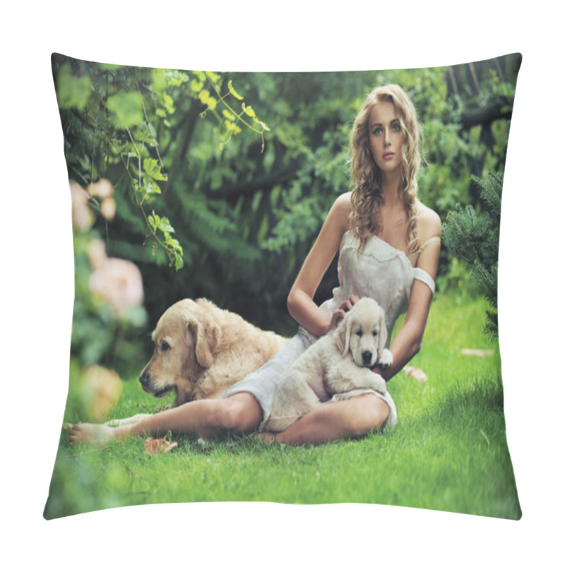 Personality  Cute woman with dogs in beauty nature scenery pillow covers