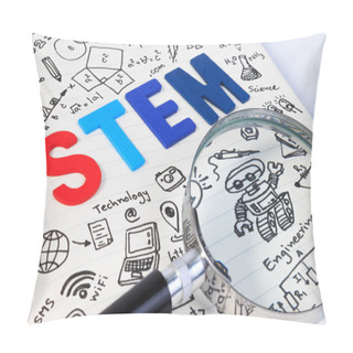 Personality  STEM Education. Science Technology Engineering Mathematics. STEM Concept With Drawing Background. STEM Icon Set. Pillow Covers