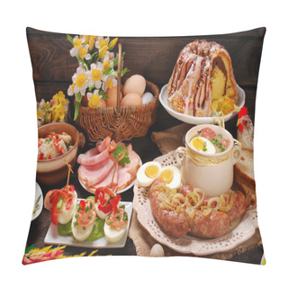 Personality  Easter Traditional Dishes On Rural Wooden Table Pillow Covers
