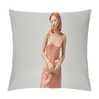 Personality  Sensual Young Asian Woman With Dyed Hair Posing In Slip Dress On Grey Background, Fashion Concept Pillow Covers