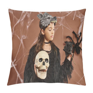 Personality  Close Up Preteen Girl Holds Skull And Black Rose In Her Hands Wearing Wolf Mask, Halloween Concept Pillow Covers