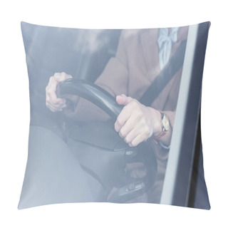 Personality  Cropped View Of Woman Holding Steering Wheel While Driving Car On Blurred Foreground Pillow Covers