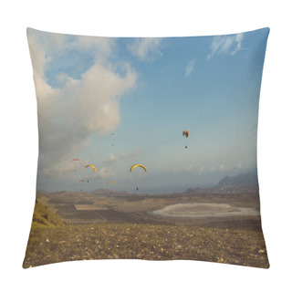 Personality  Mountainous Landscape With Paratroopers Flying In The Sky, Crimea, Ukraine, May 2013 Pillow Covers