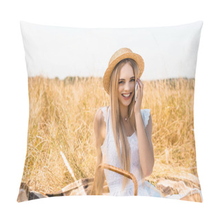 Personality  Selective Focus Of Stylish Blonde Woman In Summer Outfit Talking On Smartphone While Looking At Camera In Field Pillow Covers