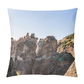 Personality  Sunlight On Orthodox Monastery On Rock Formations Against Blue Sky In Meteora  Pillow Covers