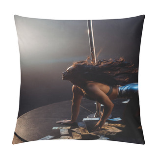 Personality  Side View Of Stripper Dancing Near Pylon And Dollar Banknotes On Black With Smoke Pillow Covers