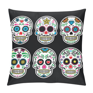 Personality  Mexican Sugar Skull, Dia De Los Muertos Icons Set On Black Background Pillow Covers