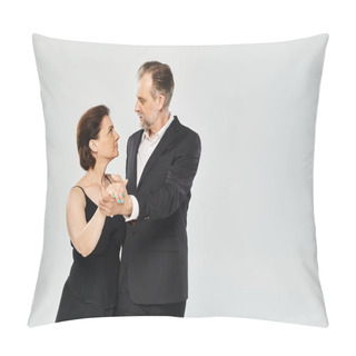 Personality  Ballroom Dance Middle Aged Couple In A Dance Pose And Smiling Isolated On Grey Background Pillow Covers