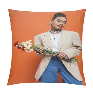 Personality  Young Pretty African American Model In Beige Blazer With Hoop Earrings Holding Flower Bouquet Pillow Covers