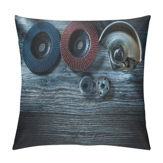 Personality  Hand Angle Grinder Radial Polishing Discs On Vintage Wooden Board. Pillow Covers