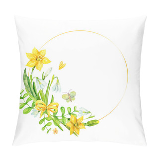 Personality  Bright Spring Floral Wreath. Watercolor Flowers Background With Golden Lines, Herbal, Ribbon Bow, Yellow Narcissus, Butterfly, Snowdrops. Cute Easter Composition. Pillow Covers