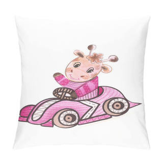 Personality Illustration Of A Color Watercolor Animal Character Giraffe Travels In A Vehicle Racing Sports Car On A White Isolated Background. Pillow Covers