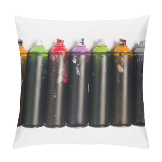 Personality  Top View Of Arranged Colorful Spray Paint In Cans Isolated On White Pillow Covers