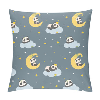 Personality  Adorable Cartoon Panda Sleeping Nursery Art Pattern Seamless Isolated On Dark Blue Background. Pillow Covers