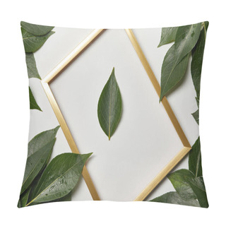 Personality  Empty Golden Frame On White Background With Copy Space And Green Leaves Pillow Covers