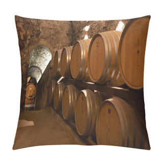 Personality  Medieval Underground Wine Cellars With Old Red Wine Barrels For Aging Of Vino Nobile Di Montepulciano In Old Town On Hill Montepulciano In Tuscany, Italy Pillow Covers