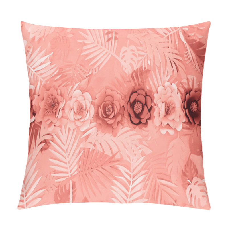 Personality  flat lay with coral tropical paper cut palm leaves and flowers, minimalistic background pillow covers