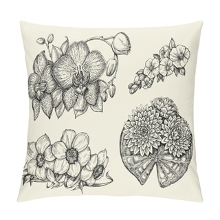 Personality  Flowers. Hand Drawn Sketch Flower Narcissus, Water Lily, Orchid, Daffodil, Jonquil. Vector Illustration Pillow Covers