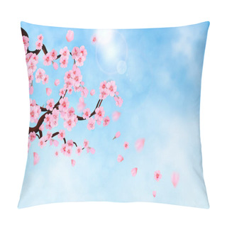 Personality  Pink Cherry Blossom With Falling Leaves On Blue Sky Background. Spring Composition With Sakura. Vector Illustration Pillow Covers