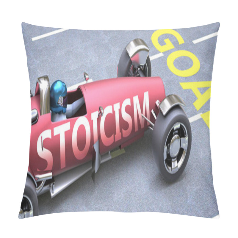 Personality  Stoicism helps reaching goals, pictured as a race car with a phrase Stoicism on a track as a metaphor of Stoicism playing vital role in achieving success, 3d illustration pillow covers