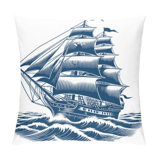 Personality  Old-fashioned Wooden Sailing Vessel Voyaging Across Waves Vector Crosshatch Sketch Pillow Covers