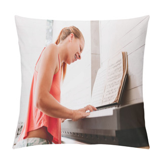 Personality  Young Woman Enjoying Playing Electric Piano At Home Pillow Covers