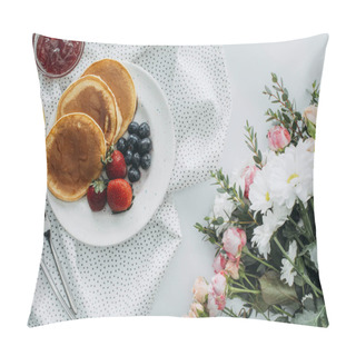 Personality  Top View Of Tasty Breakfast With Pancakes And Flowers Bouquet On White Pillow Covers