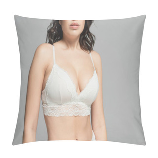 Personality  Cropped View Of Woman In Lace Bra Isolated On Grey Pillow Covers