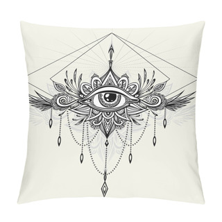 Personality  Abstract Symbol Of All-seeing Eye In Boho  Indian Asian Ethnic Style For Tattoo Black On White For Decoration T-shirt Or For Coloring Page Or Adult Coloring Book. Concept Magic Occultism Esoteric Pillow Covers