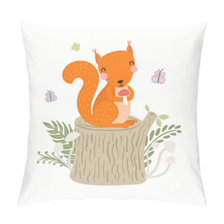 Personality  Cute Funny Squirrel On Tree Stump, Mushrooms Pillow Covers
