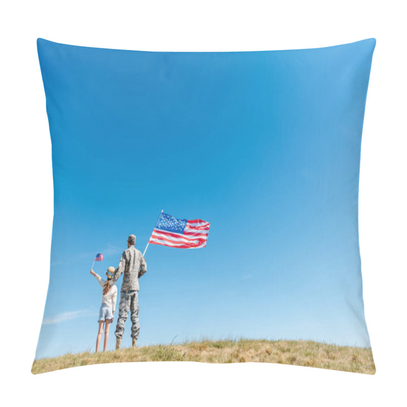 Personality  back view of kid in straw hat and military man holding american flags pillow covers