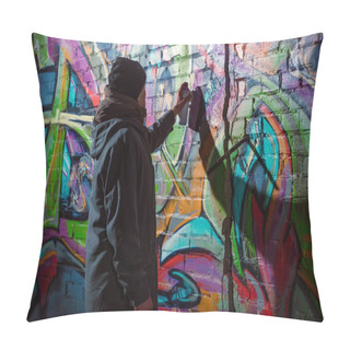 Personality  Street Artist Painting Graffiti With Aerosol Paint On Wall At Night Pillow Covers