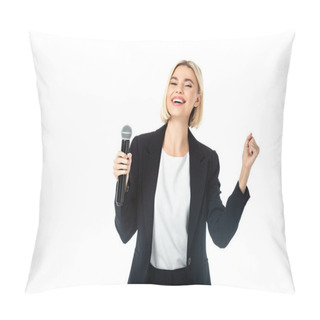 Personality  Excited News Anchor With Microphone Showing Triumph Gesture Isolated On White Pillow Covers