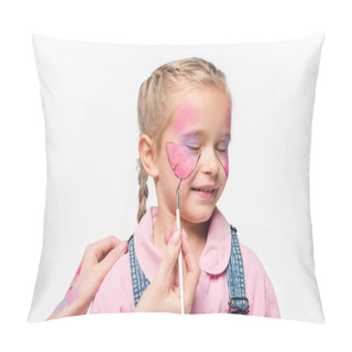 Personality  Cropped View Of Artist Painting Butterfly On Face Of Adorable Child Isolated On White Pillow Covers